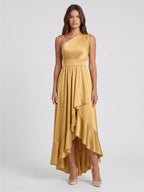 Gold Satin A-Line One Shoulder Backless Asymmetrical Bridesmaid Dress with Pleats - Curvevia