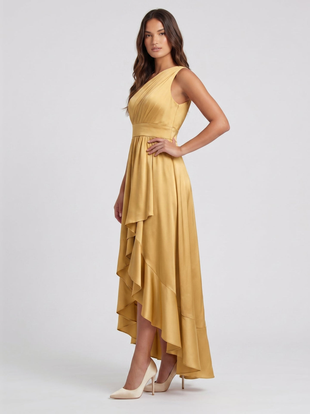Gold Satin A-Line One Shoulder Backless Asymmetrical Bridesmaid Dress with Pleats - Curvevia