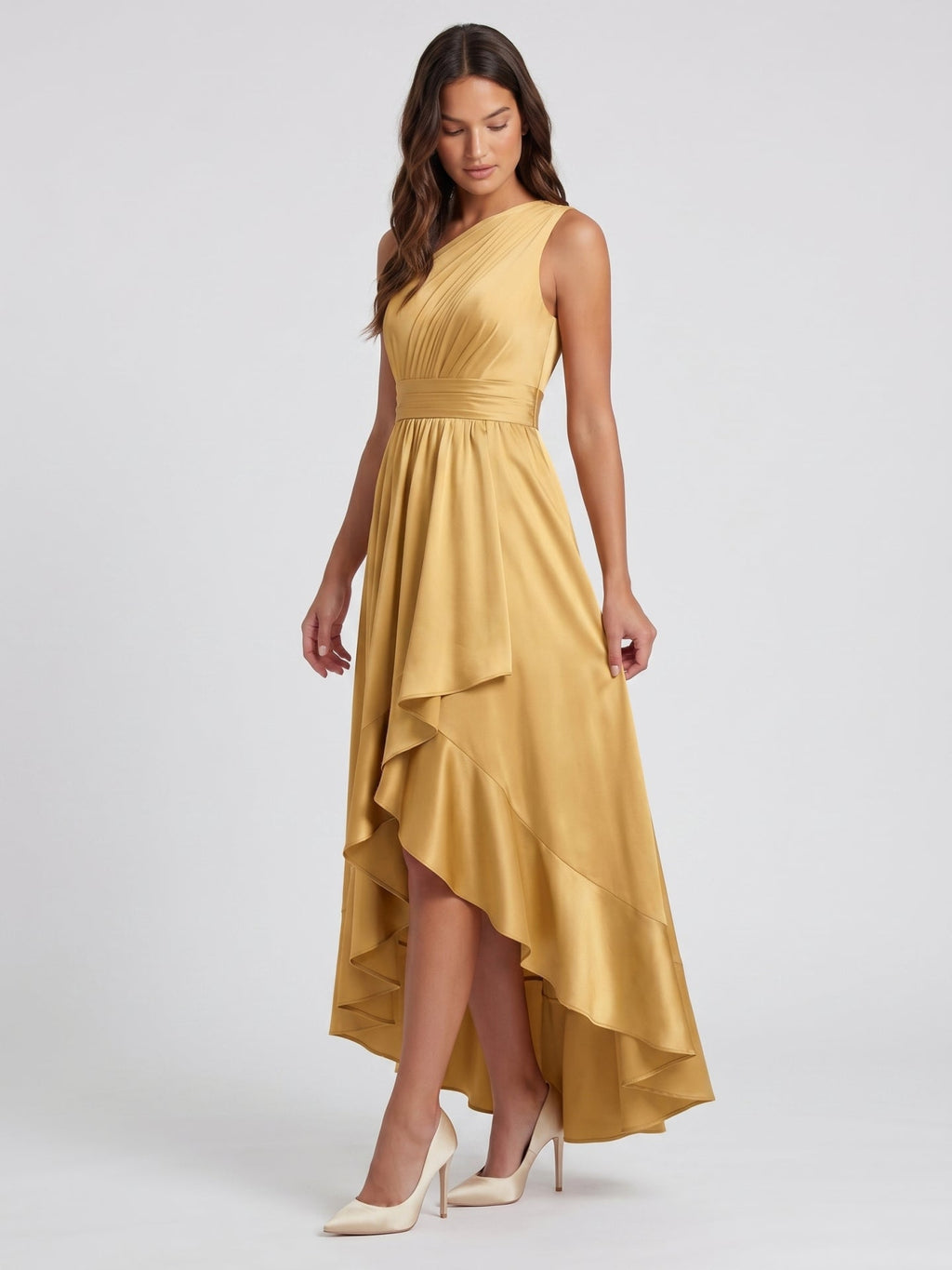 Gold Satin A-Line One Shoulder Backless Asymmetrical Bridesmaid Dress with Pleats - Curvevia
