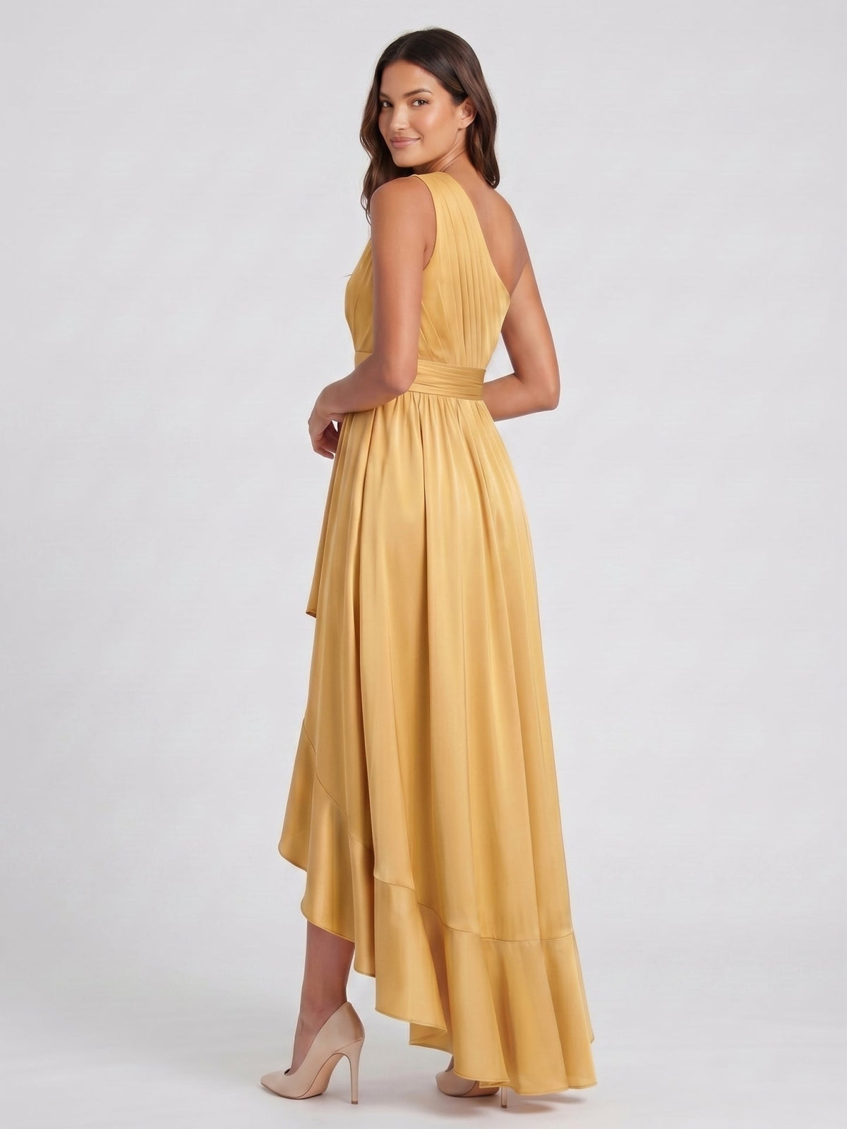 Gold Satin A-Line One Shoulder Backless Asymmetrical Bridesmaid Dress with Pleats - Curvevia