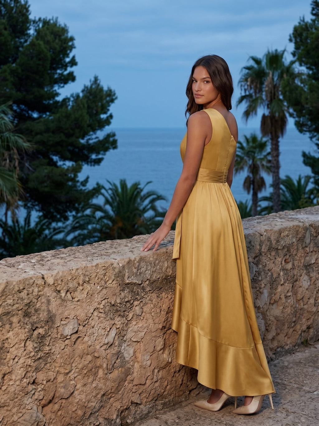 Gold Satin A-Line One Shoulder Backless Asymmetrical Bridesmaid Dress with Pleats - Curvevia