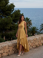 Gold Satin A-Line One Shoulder Backless Asymmetrical Bridesmaid Dress with Pleats - Curvevia