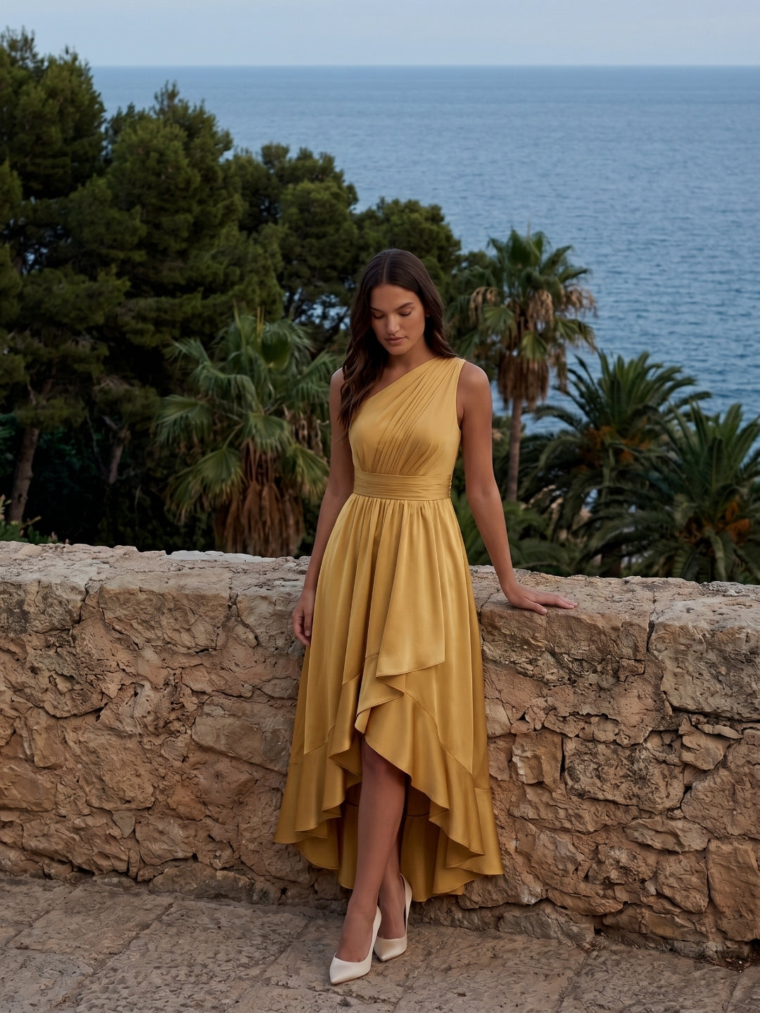 Gold Satin A-Line One Shoulder Backless Asymmetrical Bridesmaid Dress with Pleats - Curvevia