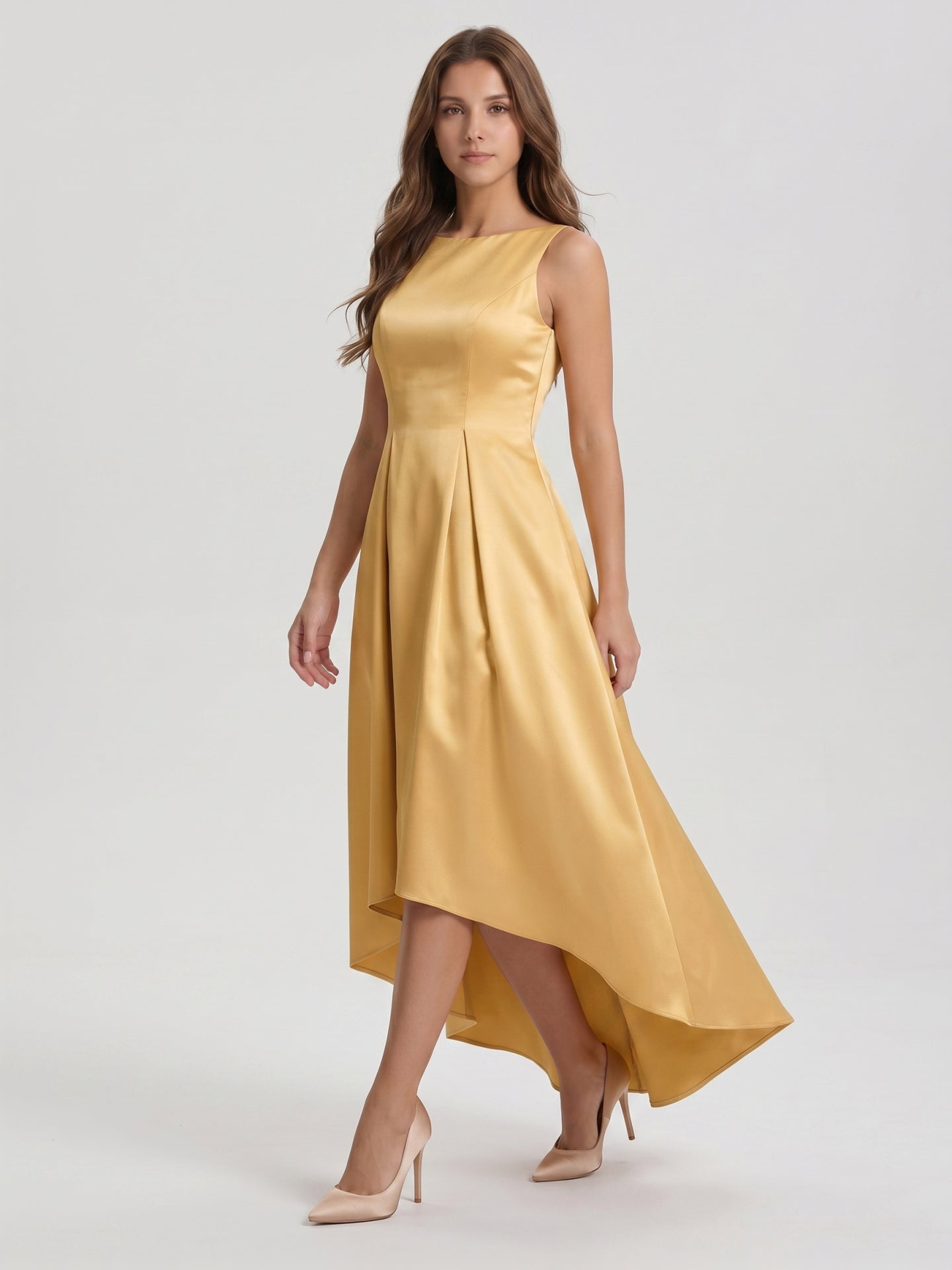 Gold Satin A-Line Scoop Neck V-Back Asymmetrical Bridesmaid Dress with Pleats - Curvevia