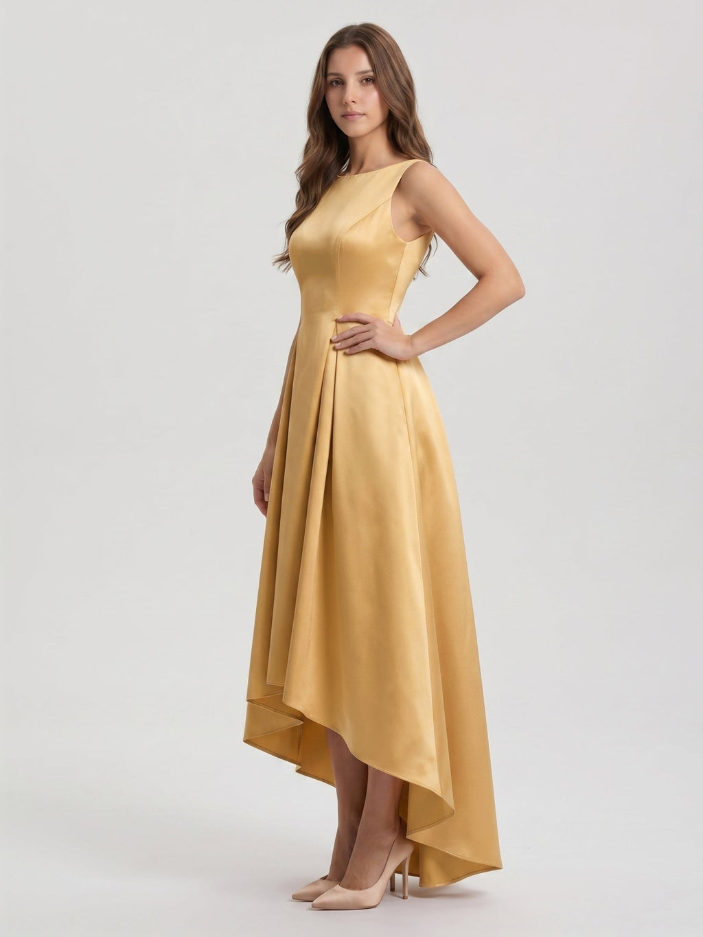 Gold Satin A-Line Scoop Neck V-Back Asymmetrical Bridesmaid Dress with Pleats - Curvevia