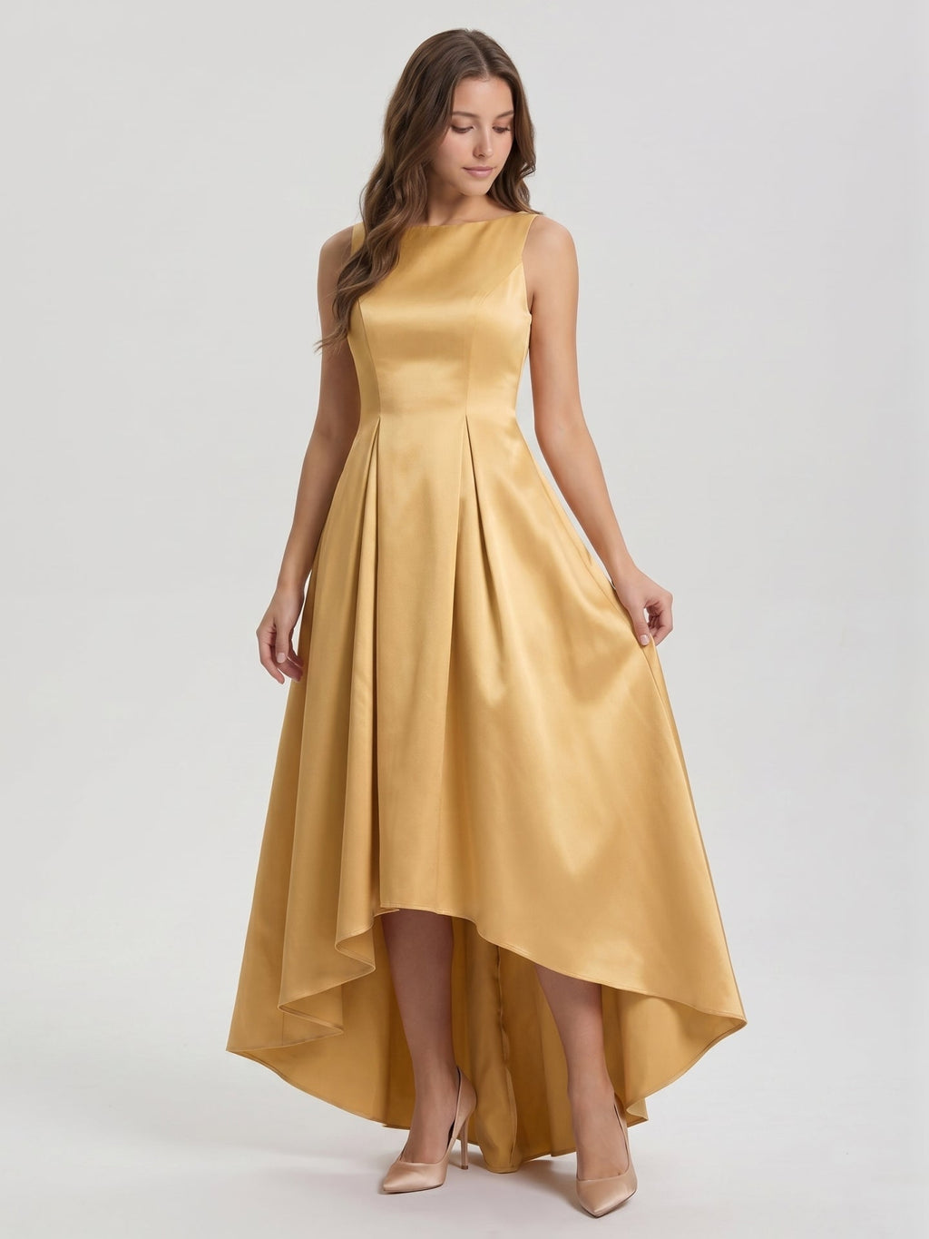 Gold Satin A-Line Scoop Neck V-Back Asymmetrical Bridesmaid Dress with Pleats - Curvevia