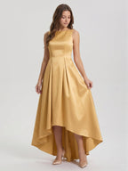 Gold Satin A-Line Scoop Neck V-Back Asymmetrical Bridesmaid Dress with Pleats - Curvevia