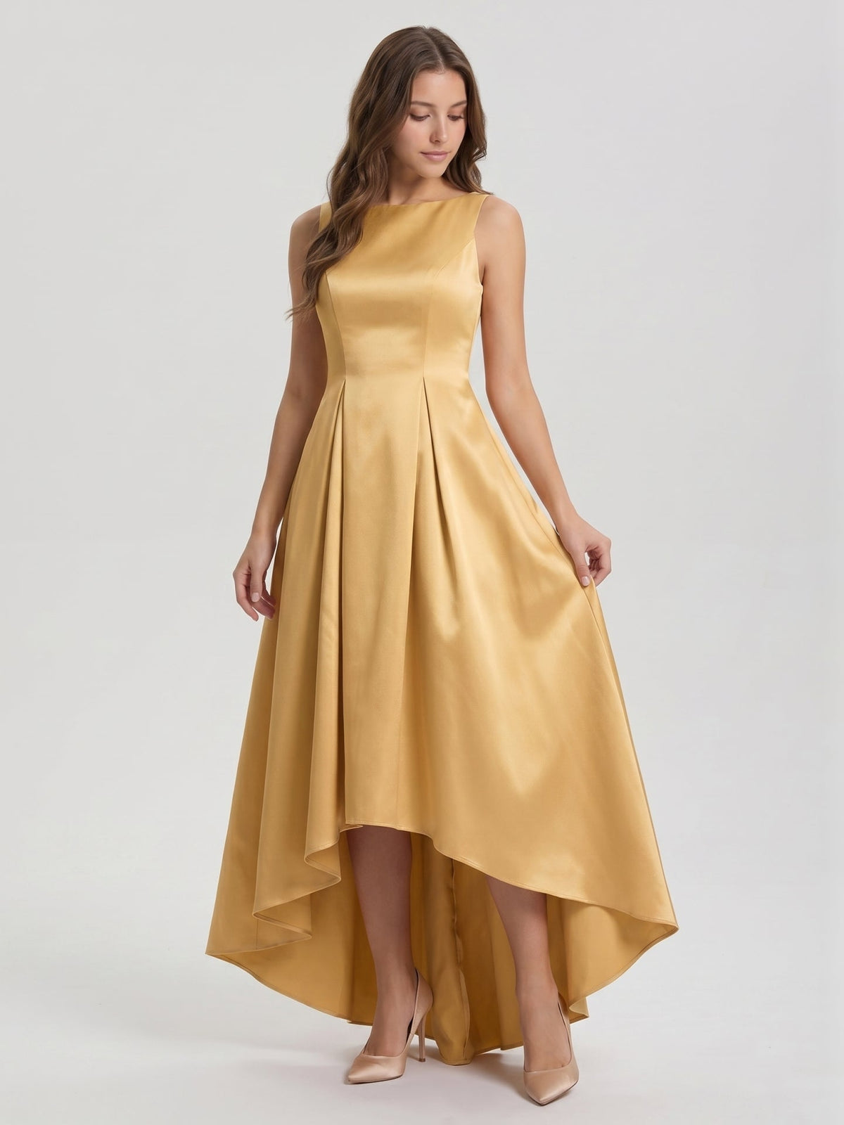 Gold Satin A-Line Scoop Neck V-Back Asymmetrical Bridesmaid Dress with Pleats - Curvevia