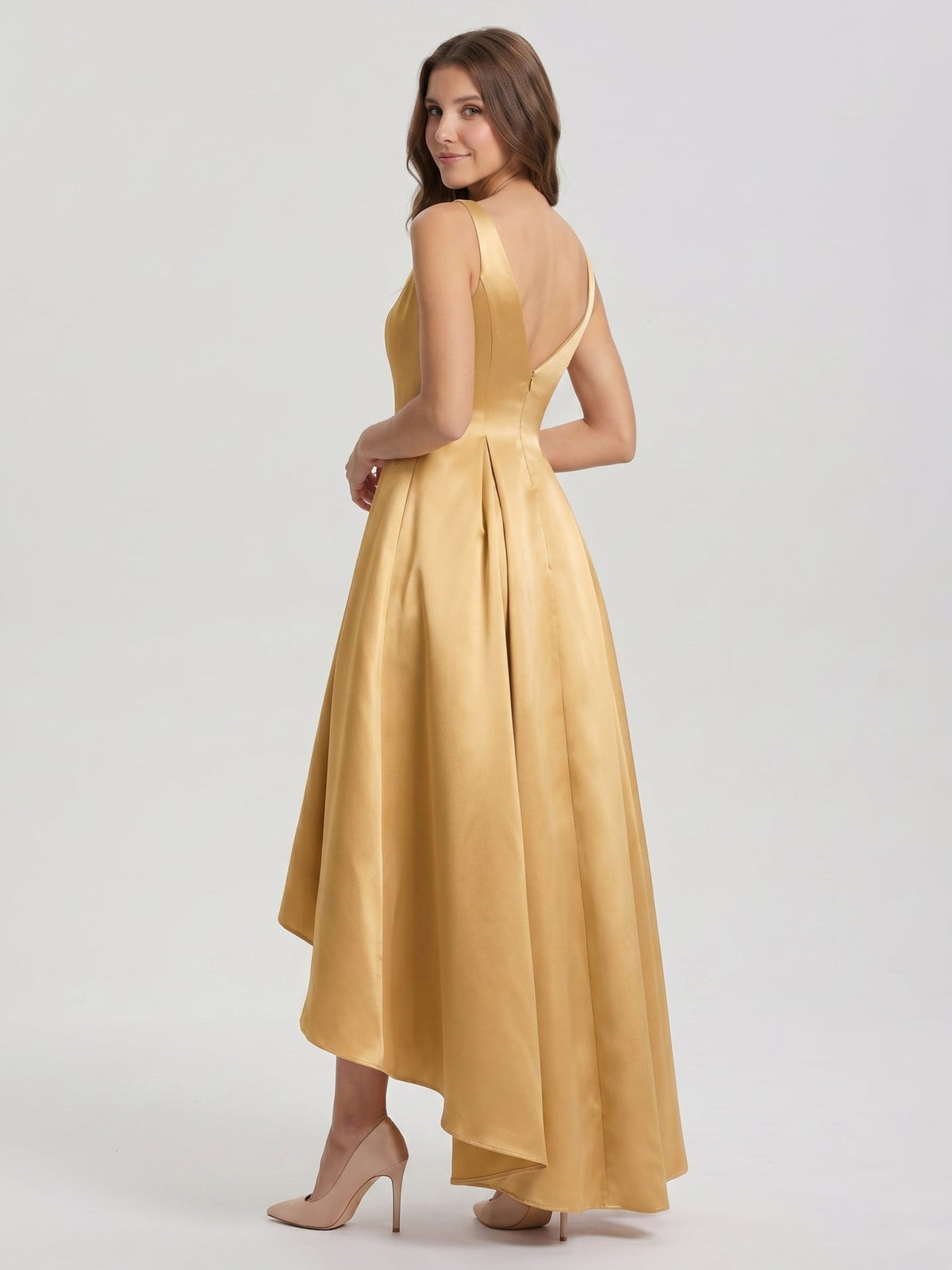 Gold Satin A-Line Scoop Neck V-Back Asymmetrical Bridesmaid Dress with Pleats - Curvevia