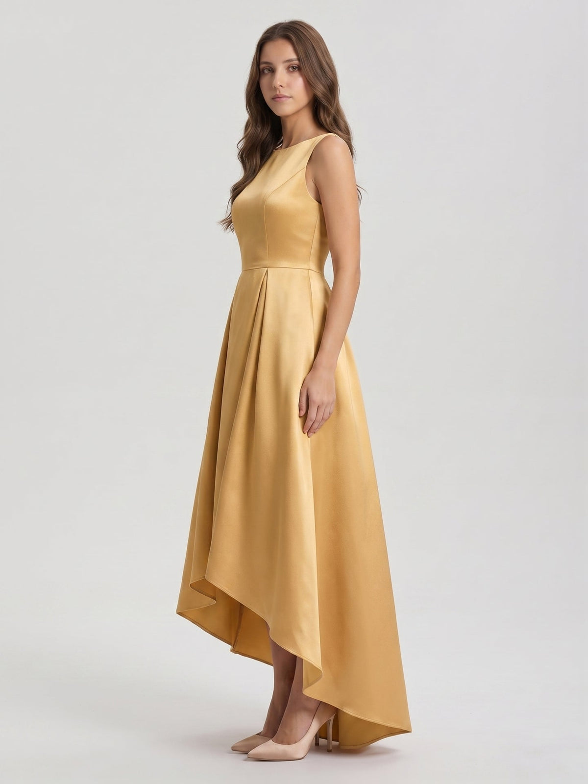 Gold Satin A-Line Scoop Neck V-Back Asymmetrical Bridesmaid Dress with Pleats - Curvevia