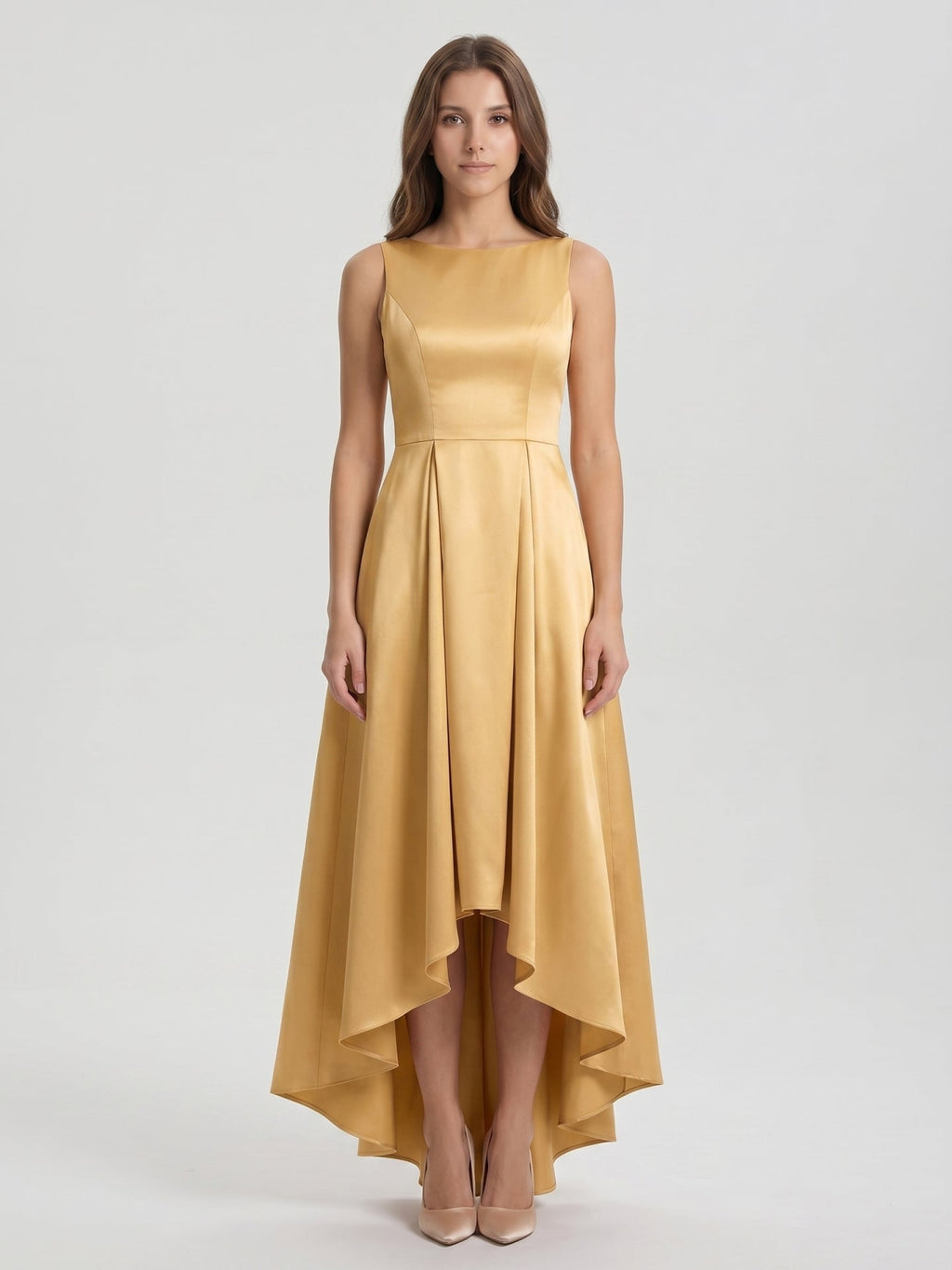 Gold Satin A-Line Scoop Neck V-Back Asymmetrical Bridesmaid Dress with Pleats - Curvevia