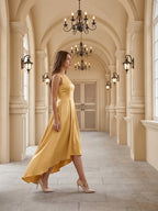 Gold Satin A-Line Scoop Neck V-Back Asymmetrical Bridesmaid Dress with Pleats - Curvevia