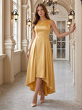 Gold Satin A-Line Scoop Neck V-Back Asymmetrical Bridesmaid Dress with Pleats - Curvevia