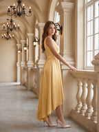 Gold Satin A-Line Scoop Neck V-Back Asymmetrical Bridesmaid Dress with Pleats - Curvevia