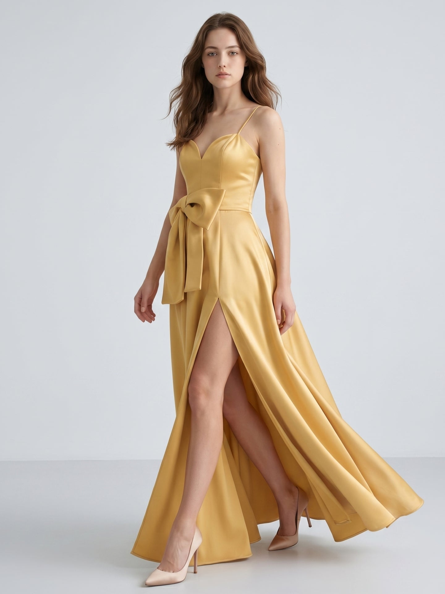Gold Satin A-Line Square Neck Floor-Length Bridesmaid Dress with Bow - Curvevia