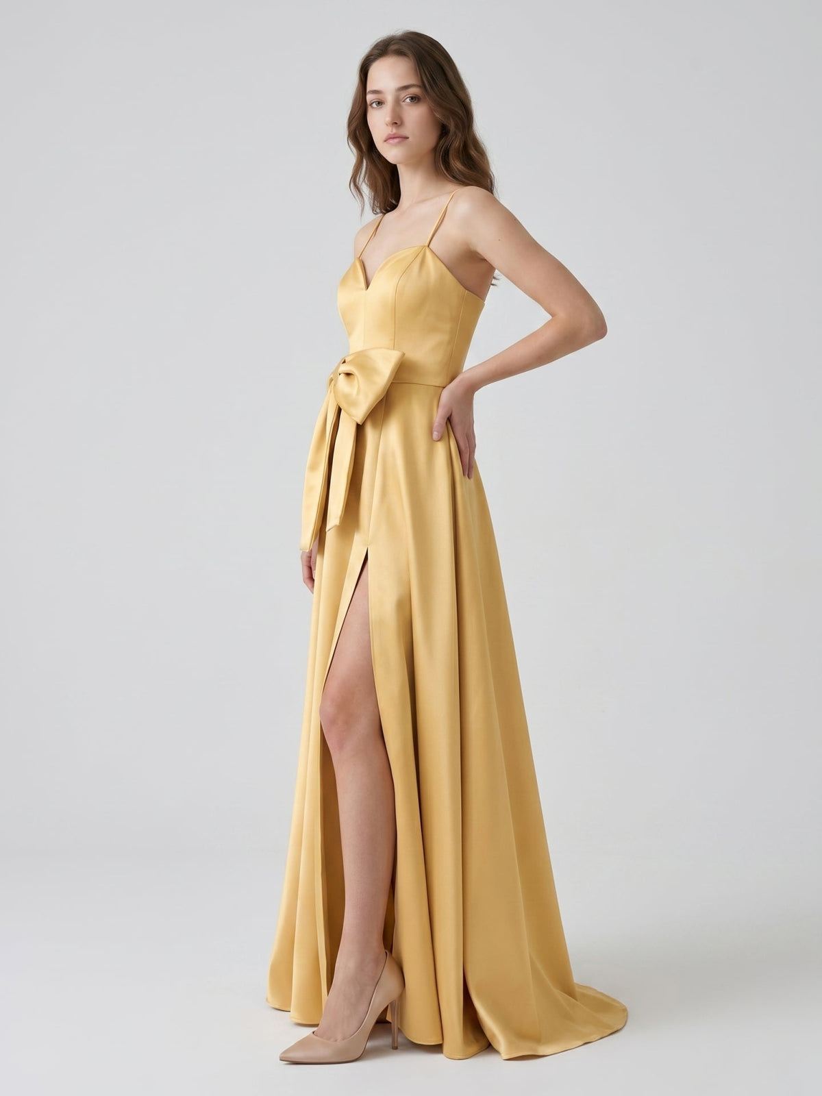 Gold Satin A-Line Square Neck Floor-Length Bridesmaid Dress with Bow - Curvevia