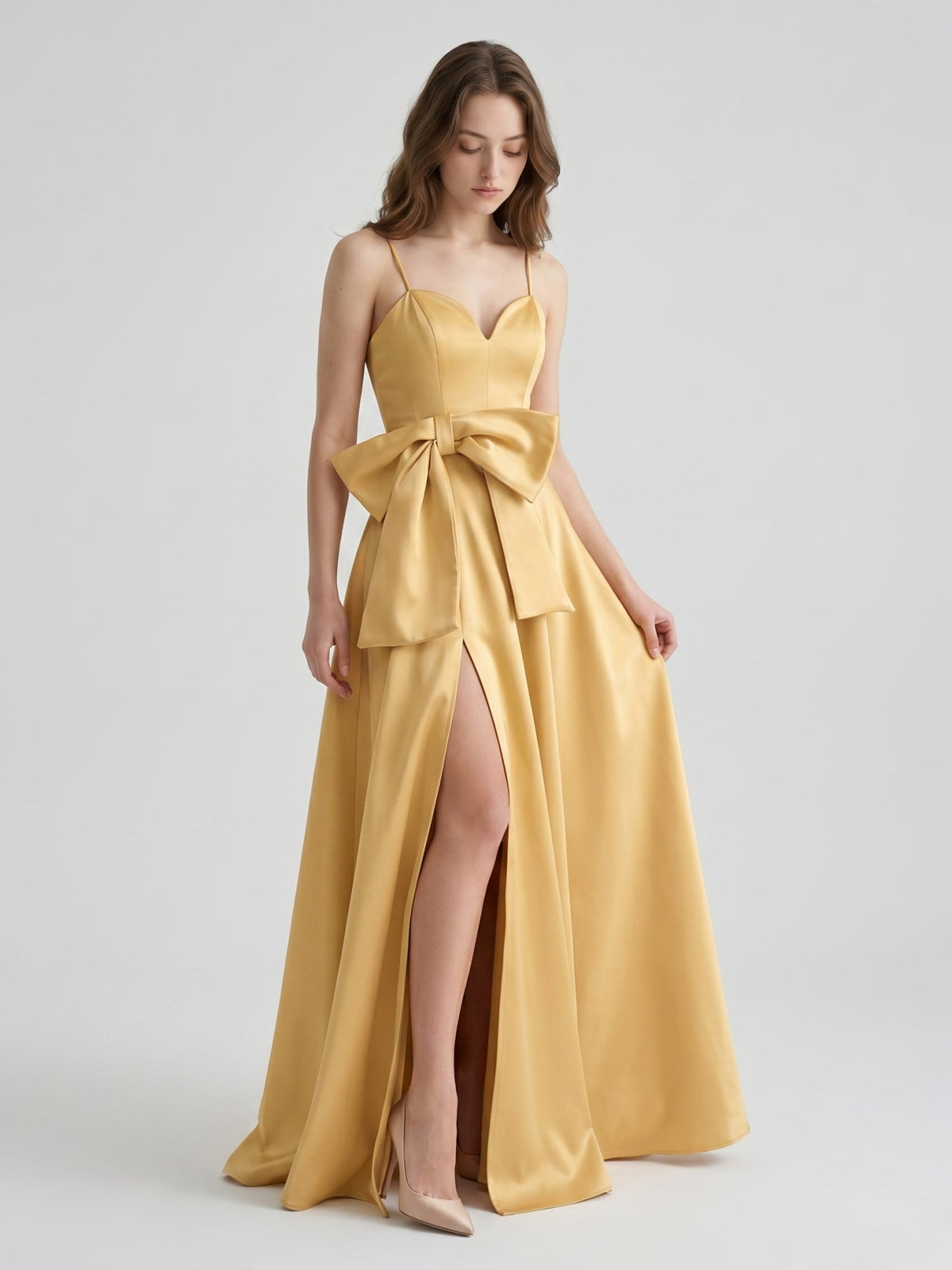 Gold Satin A-Line Square Neck Floor-Length Bridesmaid Dress with Bow - Curvevia