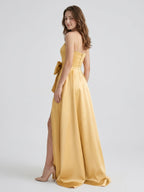 Gold Satin A-Line Square Neck Floor-Length Bridesmaid Dress with Bow - Curvevia