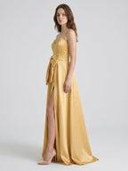 Gold Satin A-Line Square Neck Floor-Length Bridesmaid Dress with Bow - Curvevia