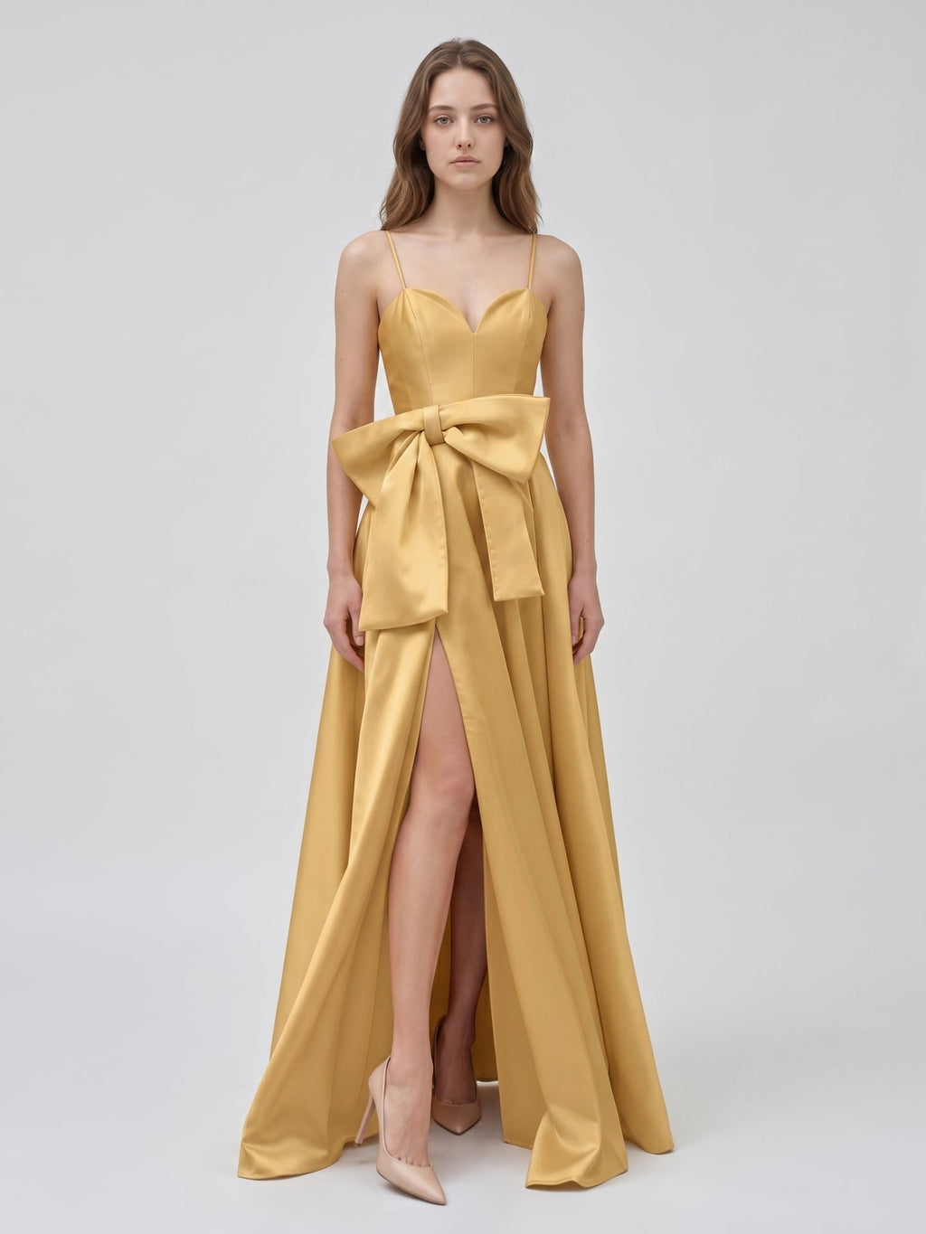 Gold Satin A-Line Square Neck Floor-Length Bridesmaid Dress with Bow - Curvevia