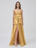 Gold Satin A-Line Square Neck Floor-Length Bridesmaid Dress with Bow - Curvevia