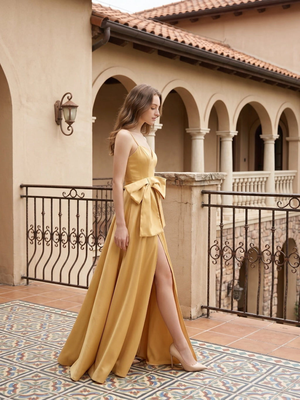 Gold Satin A-Line Square Neck Floor-Length Bridesmaid Dress with Bow - Curvevia