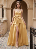 Gold Satin A-Line Square Neck Floor-Length Bridesmaid Dress with Bow - Curvevia