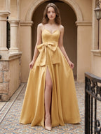 Gold Satin A-Line Square Neck Floor-Length Bridesmaid Dress with Bow - Curvevia