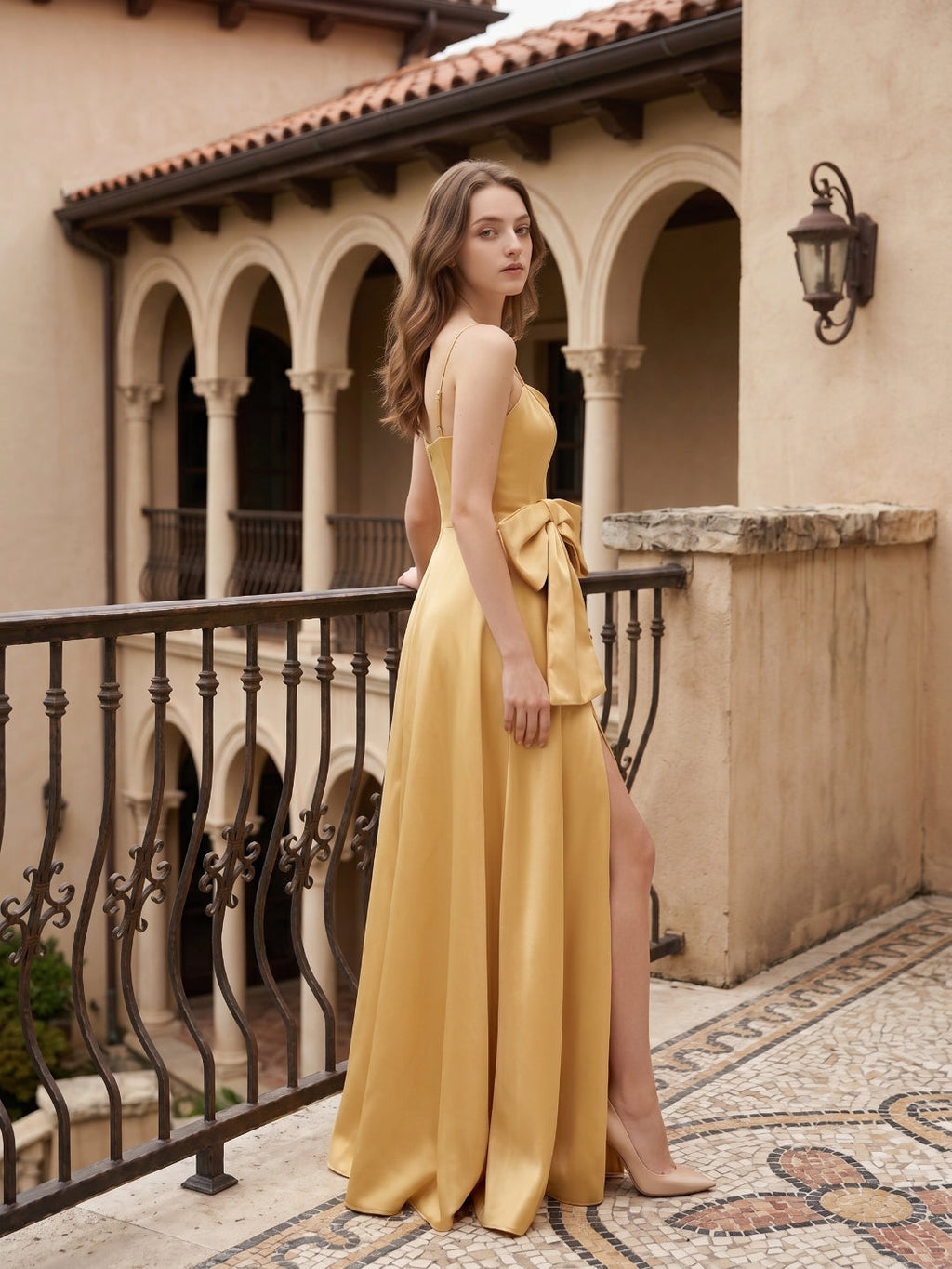 Gold Satin A-Line Square Neck Floor-Length Bridesmaid Dress with Bow - Curvevia