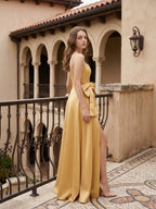 Gold Satin A-Line Square Neck Floor-Length Bridesmaid Dress with Bow - Curvevia