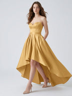 Gold Satin A-Line Sweetheart Back-Zip Asymmetrical Bridesmaid Dress - Curvevia