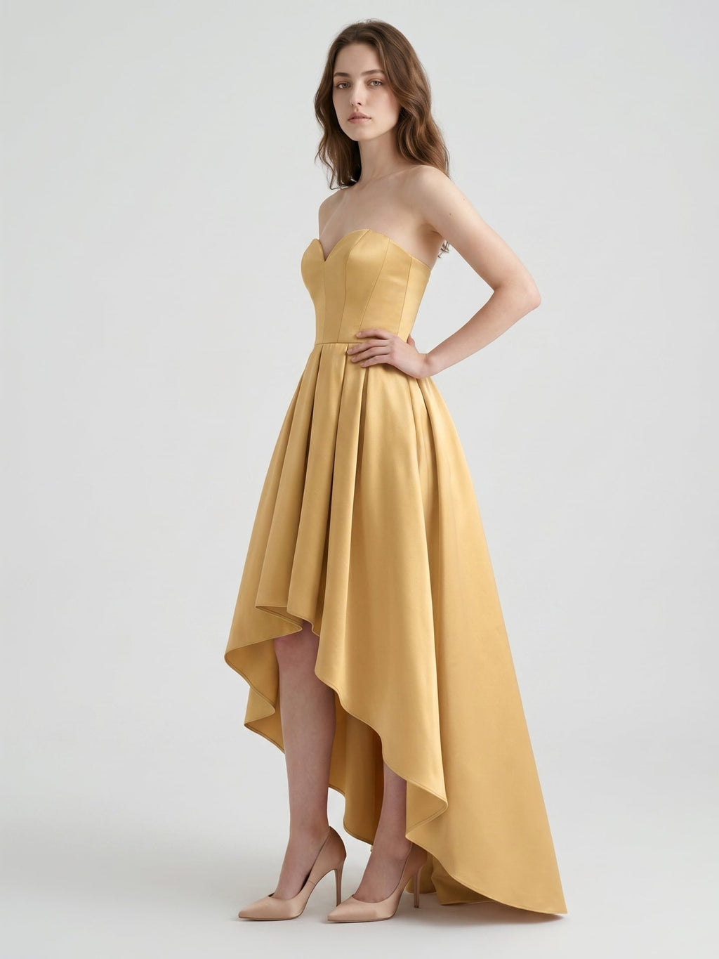 Gold Satin A-Line Sweetheart Back-Zip Asymmetrical Bridesmaid Dress - Curvevia