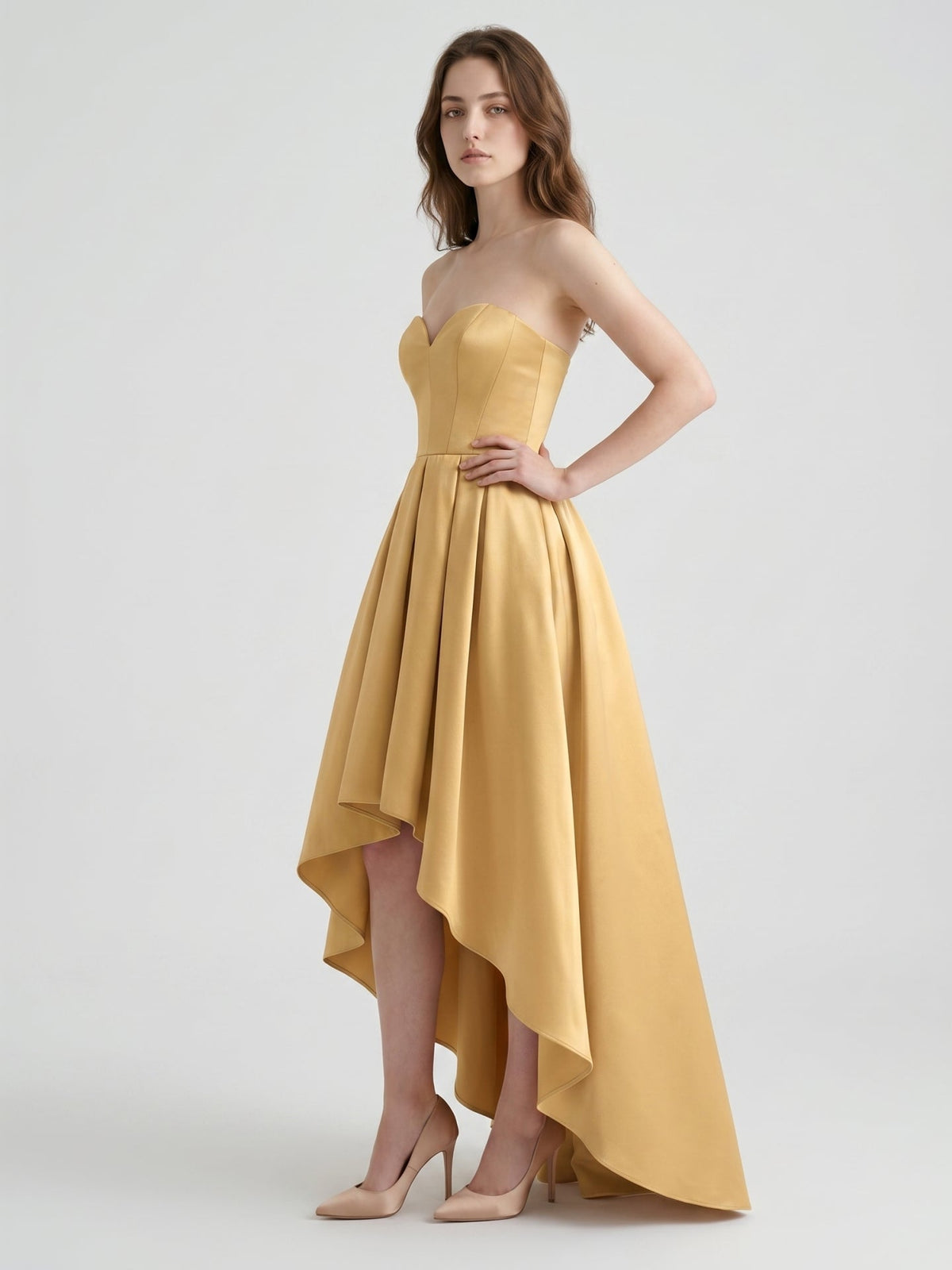 Gold Satin A-Line Sweetheart Back-Zip Asymmetrical Bridesmaid Dress - Curvevia