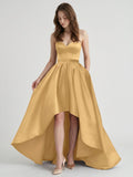 Gold Satin A-Line Sweetheart Back-Zip Asymmetrical Bridesmaid Dress - Curvevia