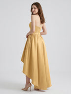 Gold Satin A-Line Sweetheart Back-Zip Asymmetrical Bridesmaid Dress - Curvevia