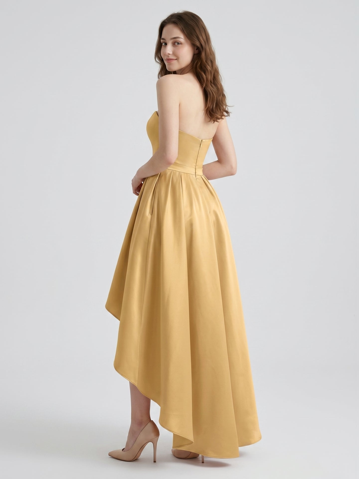 Gold Satin A-Line Sweetheart Back-Zip Asymmetrical Bridesmaid Dress - Curvevia