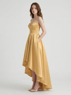 Gold Satin A-Line Sweetheart Back-Zip Asymmetrical Bridesmaid Dress - Curvevia