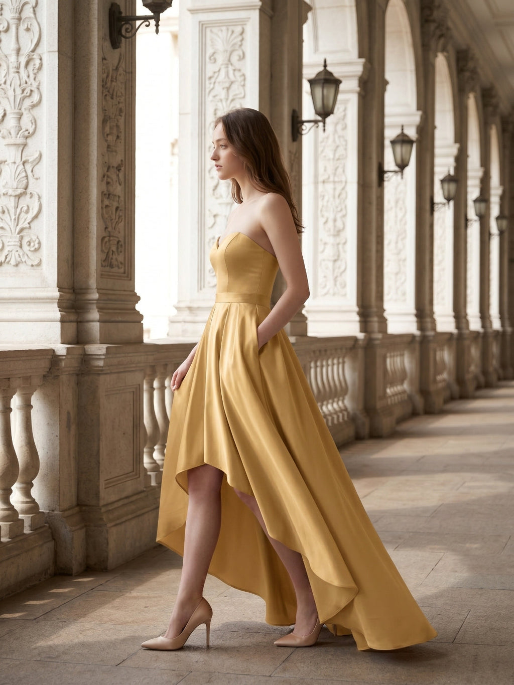 Gold Satin A-Line Sweetheart Back-Zip Asymmetrical Bridesmaid Dress - Curvevia
