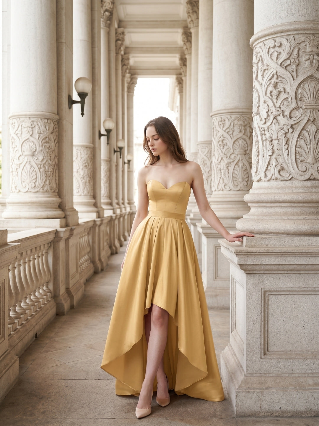 Gold Satin A-Line Sweetheart Back-Zip Asymmetrical Bridesmaid Dress - Curvevia