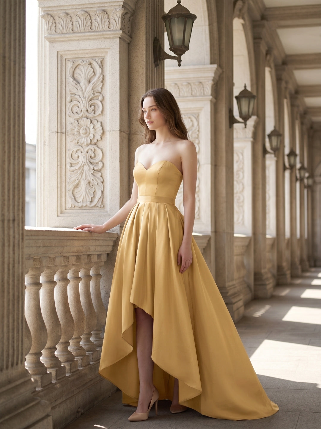 Gold Satin A-Line Sweetheart Back-Zip Asymmetrical Bridesmaid Dress - Curvevia