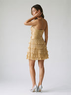 Gold Satin A-Line Sweetheart Back Zip Short Homecoming Dress with Cascading Ruffles - Curvevia