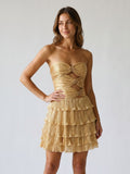 Gold Satin A-Line Sweetheart Back Zip Short Homecoming Dress with Cascading Ruffles - Curvevia