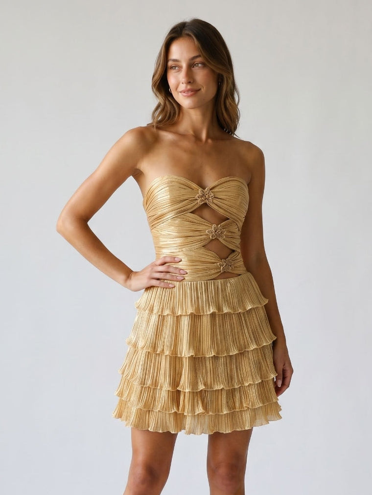 Gold Satin A-Line Sweetheart Back Zip Short Homecoming Dress with Cascading Ruffles - Curvevia