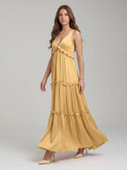 Gold Satin A-Line V-Neck Criss-Cross Straps Floor-Length Bridesmaid Dress with Ruffles - Curvevia
