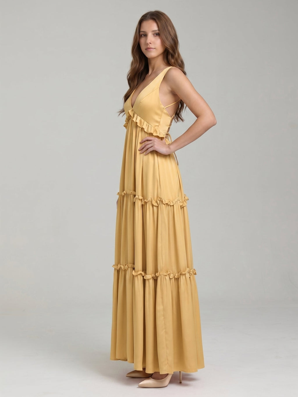 Gold Satin A-Line V-Neck Criss-Cross Straps Floor-Length Bridesmaid Dress with Ruffles - Curvevia