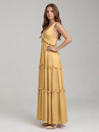 Gold Satin A-Line V-Neck Criss-Cross Straps Floor-Length Bridesmaid Dress with Ruffles - Curvevia