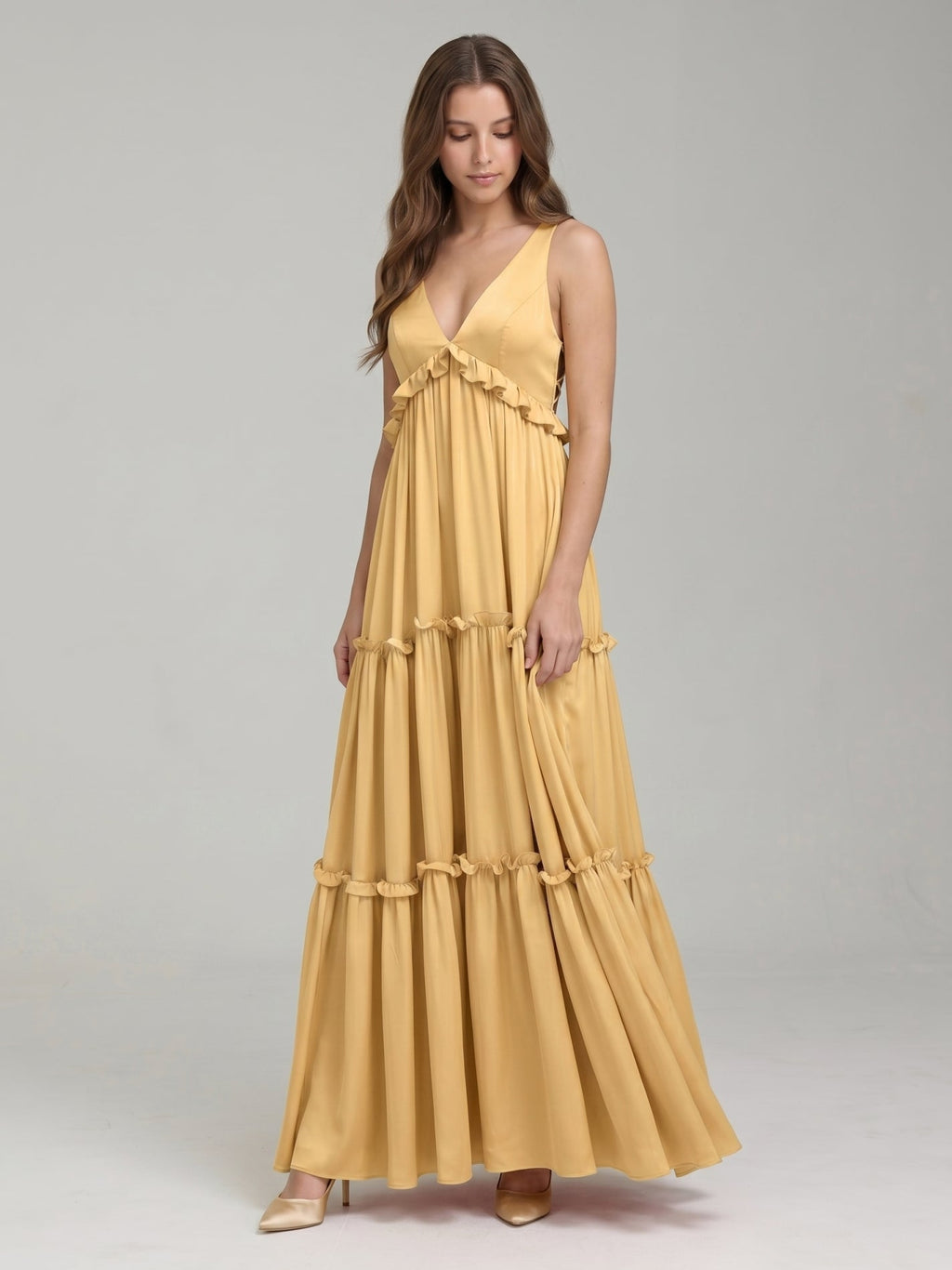 Gold Satin A-Line V-Neck Criss-Cross Straps Floor-Length Bridesmaid Dress with Ruffles - Curvevia
