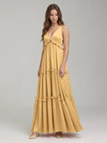 Gold Satin A-Line V-Neck Criss-Cross Straps Floor-Length Bridesmaid Dress with Ruffles - Curvevia