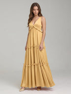 Gold Satin A-Line V-Neck Criss-Cross Straps Floor-Length Bridesmaid Dress with Ruffles - Curvevia