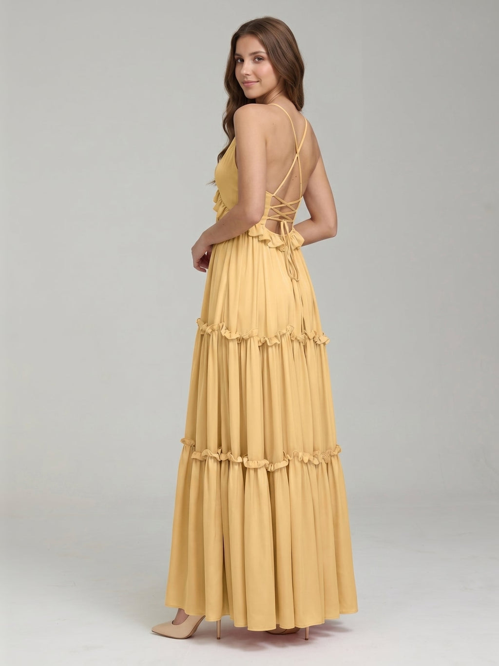 Gold Satin A-Line V-Neck Criss-Cross Straps Floor-Length Bridesmaid Dress with Ruffles - Curvevia